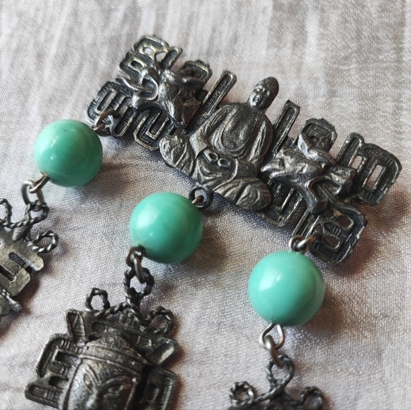 Asian Inspired Ethnic Faux Green Turquoise Metal Buddha Brooch Pewter Tone EUC - Picture 7 of 9